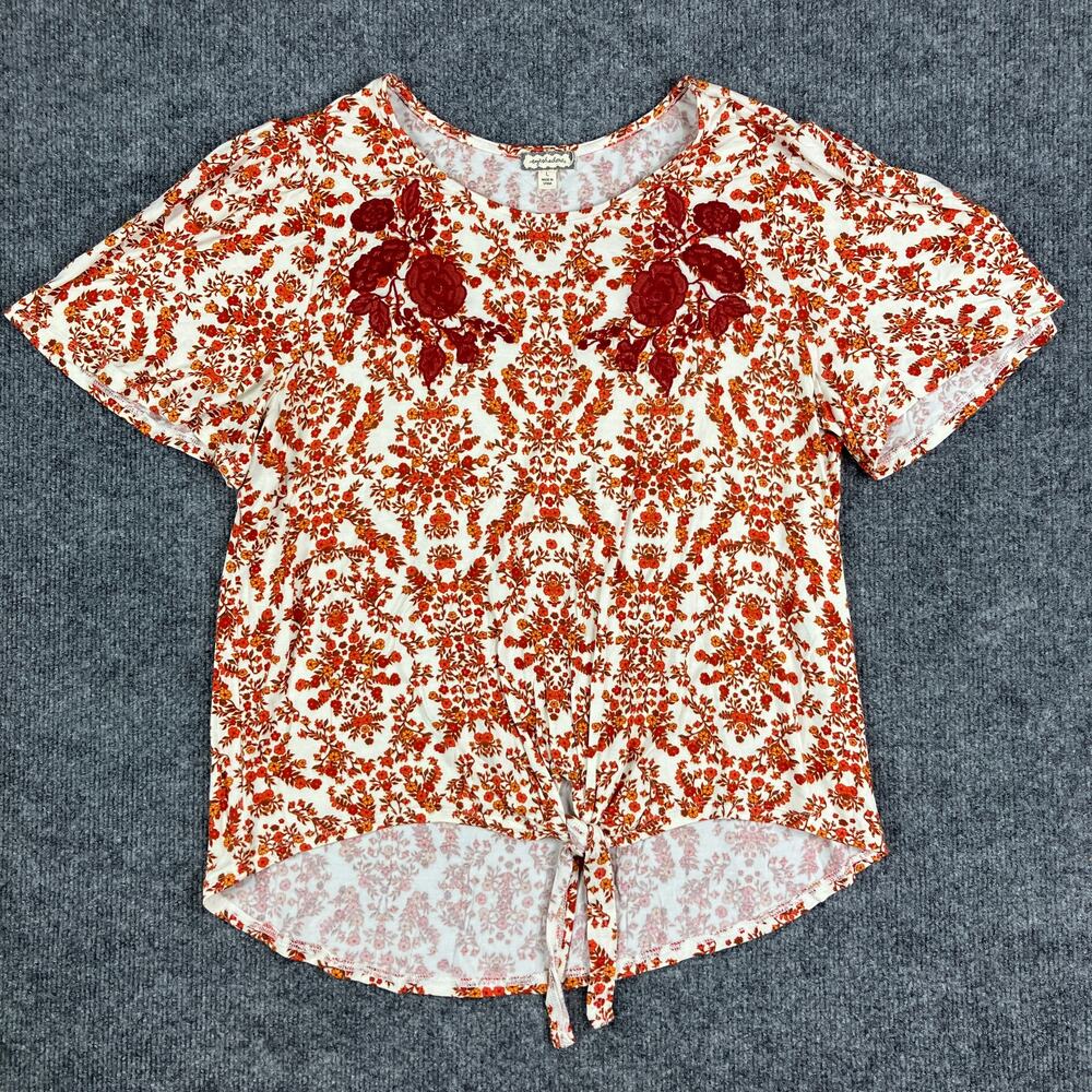 Eyeshadow Top Womens Size L Orange Floral Embroidered Front Tie Rayon Blend Boho